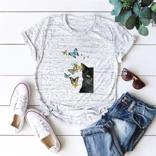 Plus Size S-5XL New Cat Print T-Shirt 100%Cotton TShirt Women O Neck Short Sleeve Tees Summer Women Shirt Pink Tops