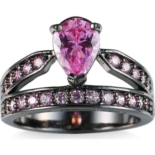 KCJZ009 high quality Luxury Black Gold Color Ring Sets Princess Cut Pink Zirconia Ring For Women & Men Full Size Wholesale