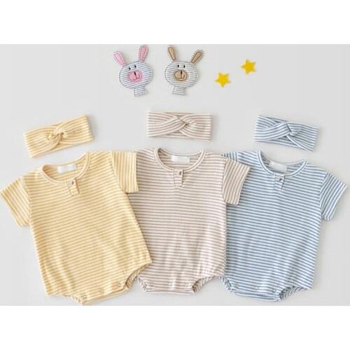 2021 Summer Newborn Baby Romper Set Infant Boys Girls Striped Bodysuit+Hairband Cozy Babywear 3Colours Hot Sale