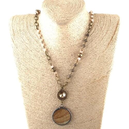 Fashion Bohemian Tribal Jewelry Antique Stone Glass Chain Crystal Links Round Stone Pendant Necklaces Dropship