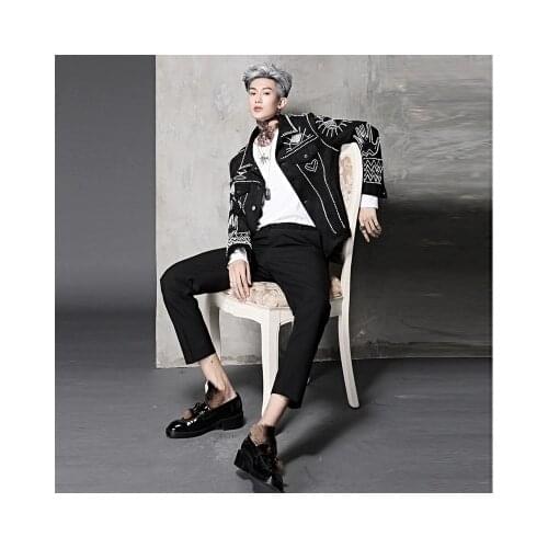 Mens black full artifical pearl beading punk style baroque stage performance/stuido tuxedo jacket ,only jacket