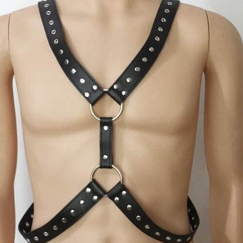 Mens Soft Riveted Leather Chest X Harness Top Gay Macho Show Fantasy Role Play Hen Party Night Club Costume