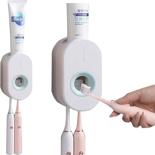 2 in 1 Toothbrush Holder Toothpaste Dispenser Wall Mounted Kids Hands-Free Toothpaste Squeezer Electric Toothbrush Holder
