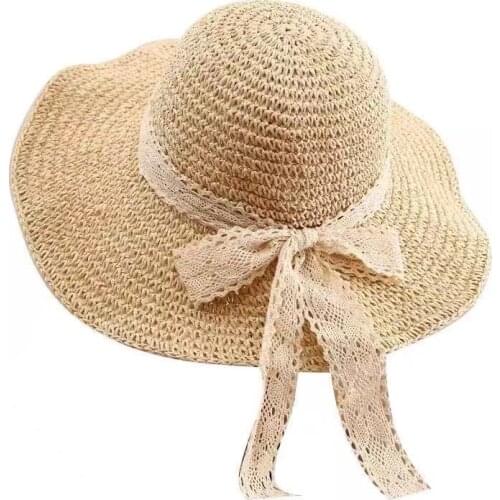 Small fresh Japanese wild lace strap bow hat female summer outing big eaves beach sun hat