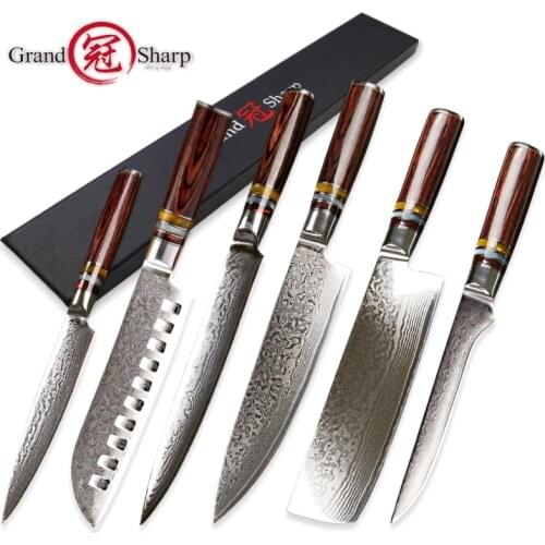 Grandsharp 6 pcs Damascus knife set vg10 Japanese Damascus steel kitchen knives chef utility santoku nakiri slicing boning tools