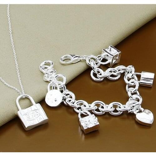 925 Silver Lock Pendant Necklaces Bracelet For Women Bridal Jewelry Set Gift