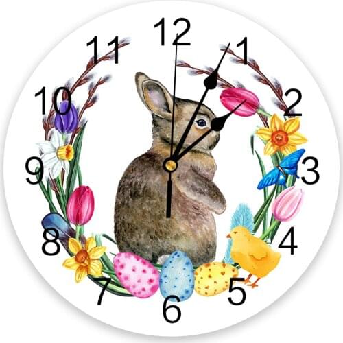 Easter Spring Watercolor Egg Flower Bunny Print Wall Clock Wall Art Silent Non ticking Round Wall Watch for Home Decortaion Gift