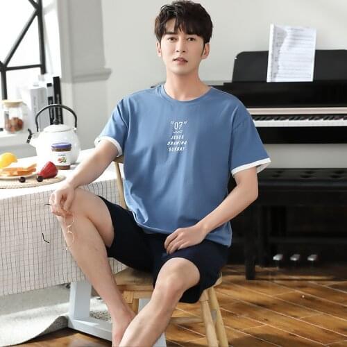 2021 New Casual Pajamas Mens Spring And Summer Cotton Round Neck Casual Short Sleeve Shorts Home Wear Youth Suit Male Sleepwear