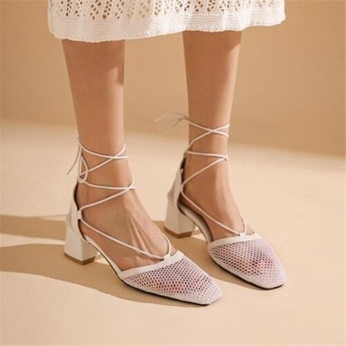 PXELENA Rome Hollow Out Cross Strap Mesh Gladiator Sandals Women 2021 Summer Spring Shoes Black White Med Heels Plus Size 34-45