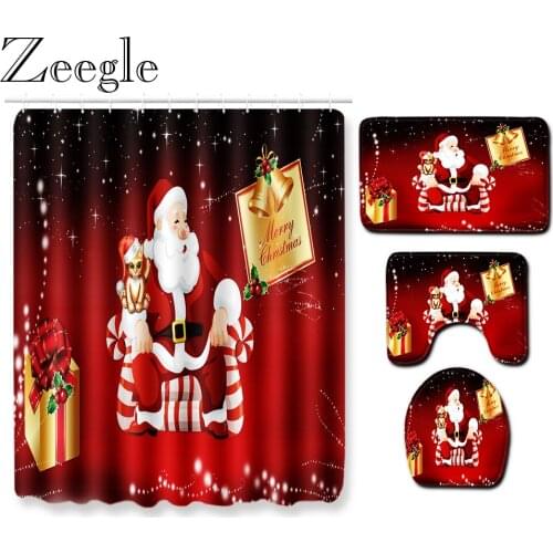 Christmas Bath Curtain Waterproof Shower Curtain Absorbent Bathroom Toilet Pedestal Rug Foot Mat Washable Bathroom Carpet Set