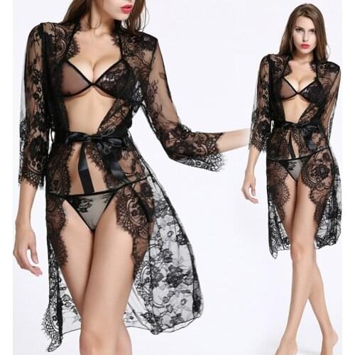 Sexy Lace Women Black Robes Hot Underwear Nightdress pajama girl sex nightwear Sexy lingerie complete set of underwear + Coat
