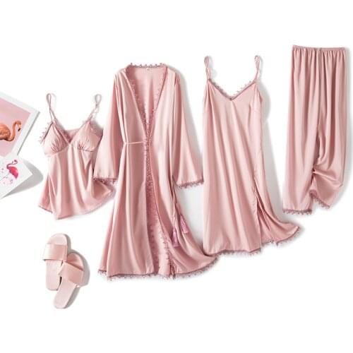 Spring Summer 4pcs Sexy Pink Lace Satin Bathrobe Trousers Lingerie Pajamas Set Sleepwear Nightgown Women Pyjamas