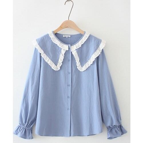 Plus size korean style womens white blouse full cotton long sleeved ladies shirts lace cute officewear tops