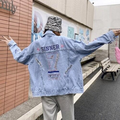 Women Autumn Winter Casual Heavy Industry Printing Embroidery Sequins Mid-Length Single Breasted Long Sleeved Denim Jacket Mujer