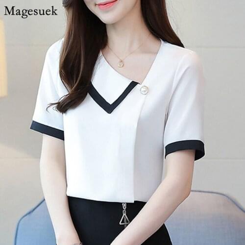 Summer New Fashion Solid Chiffon Shirt Tops Women Patchwork Slash Neck Blouse Women Short Sleeve Office Lady Casual Shirts 9203