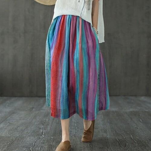 Johnature Leisure Retro Stripe Pocket Elastic Waist All-match Skirt 2021 Summer New Loose Comfortable Women Half Skirt