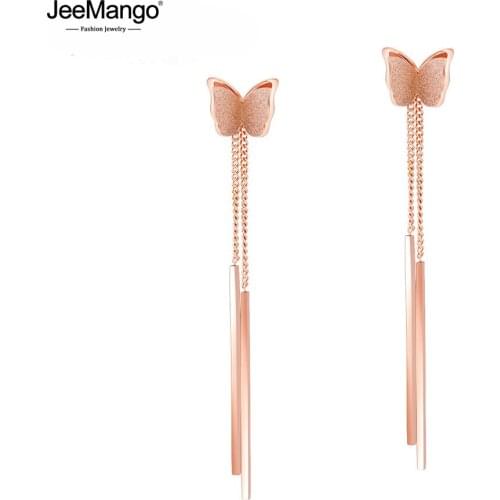 JeeMango Retro Geometric Frosted Double Butterfly Drop Earring For Women Titanium Steel Rose Gold Tassel Earrings JE17118