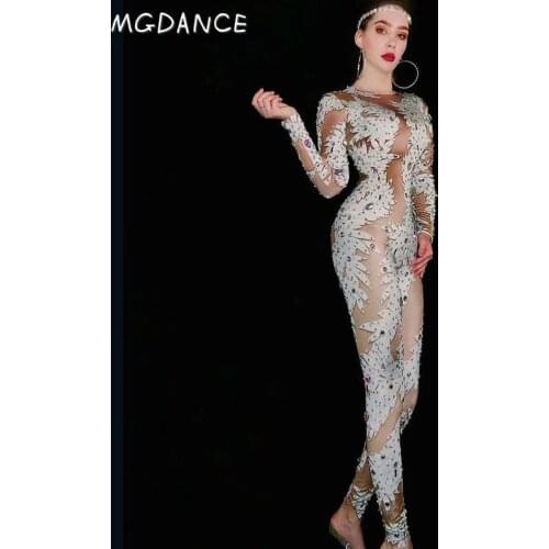 Long Sleeves Sexy Bodysuit Multi-color Rhinestones Printed Jumpsuit Women Singer Bar Stage Prom Birthday Outfit