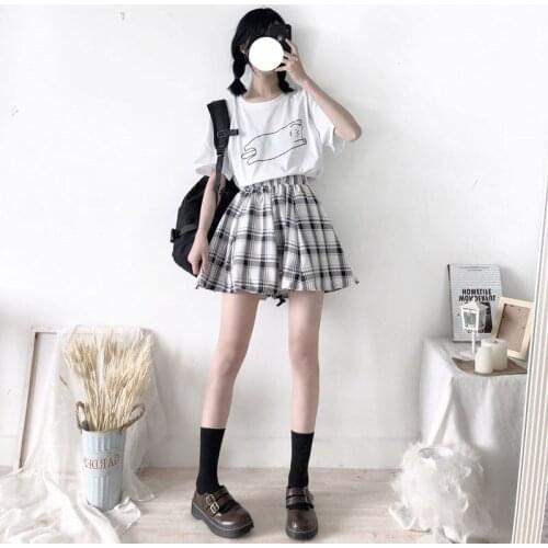 Janpanese New Kawaii Women Sets Cute White Crop Tops Pleated Skirt Suit Harajuku T-shirt High Waist A-Line Plaid Skirts Set 2XL