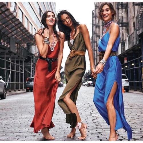 2021 Summer New Dress Split Strap Dress Women V Neck Solid Sexy Halter Silk Long Casual Dresses