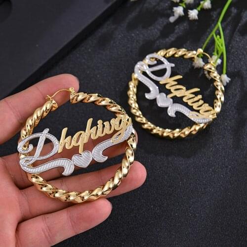 30/50/70/90MM Personalized Custome Name Earrings Gold Plated Nameplate Earrings Two Tone Twisted Hoop Earring Women Jewelry