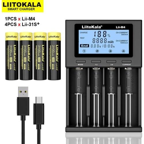 4PCS New LiitoKala Lii-31S 18650 Battery 3.7V Li-ion 3100mA 35A Power Battery For high Drain Devices.+Lii-M4 Charger
