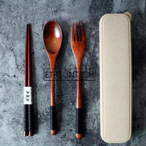 50sets Wood Portable Tableware Wooden Cutlery Sets Travel Dinnerware Suit Environmental Elegant with Case Pack Gift for School