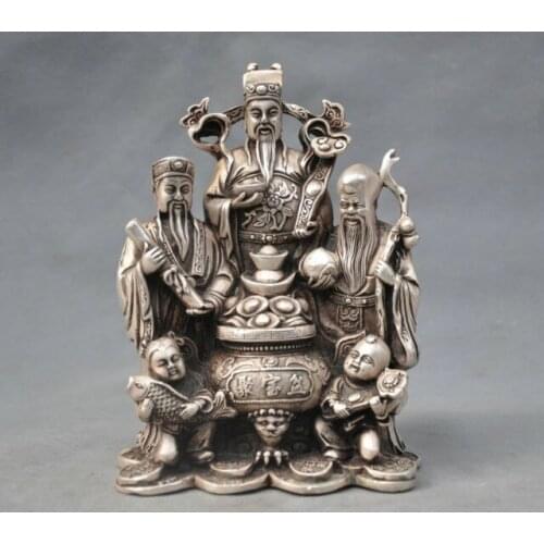 7" China Silver Bronze Fu Lv Shou 3 Star Mammon Boy Fish Statue Copper Tibetan Buddhist Garden Brass Bronze crafts decoration