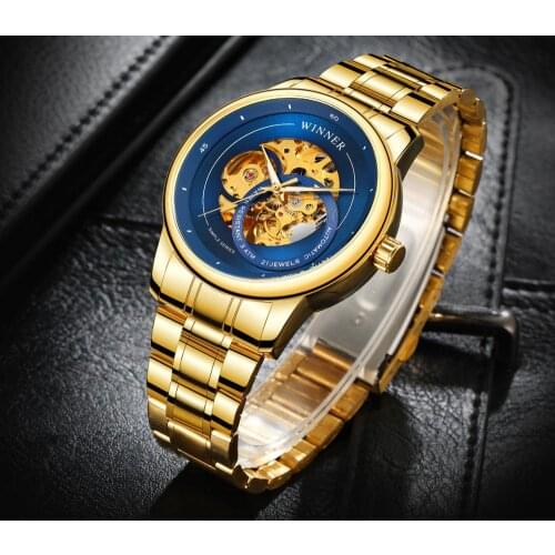 Winner Mechanical Automatic Mens Watch Fashion Steel Strap Blue Skeleton Dial Casual Wristwatch Waterproof Luminous Hand Clock