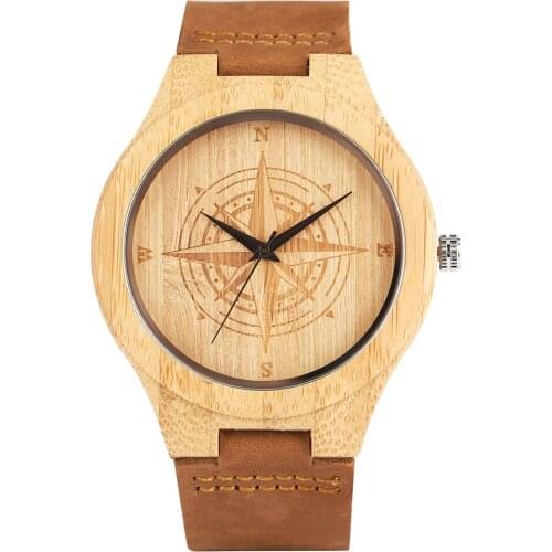 Wood Watch Men Quartz Movement Compass Display Dial Bamboo Wooden Mens Leather Band Wristwatch Gifts for Husband Boyfriend