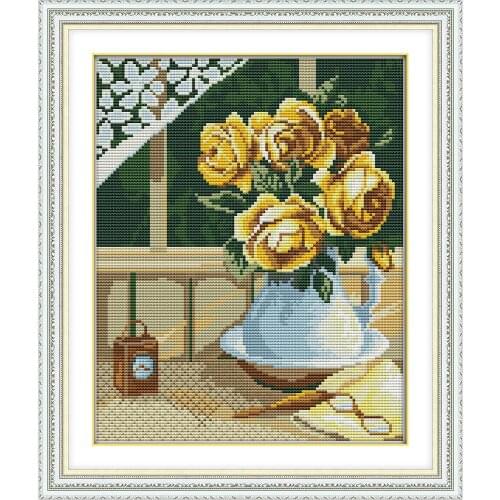 Joy Sunday Yellow Rose 2 Chinese Cross Stitch Kits Ecological Cotton Stamped Printed 11CT DIY Gift Wedding Decoration For Home