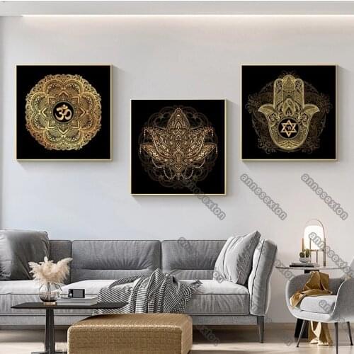 Religious Pictures Various Mandala Lotus with Gold and Black Colors Art Canvas Painting Wall Posters for Home Rooms Wall Decorai