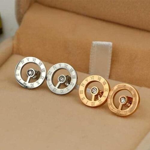 Martick Fashion Woman Round Crystal Stud Earrings Europe Brand Roman Numerals Engraved Brincos For Femme Jewelry E206