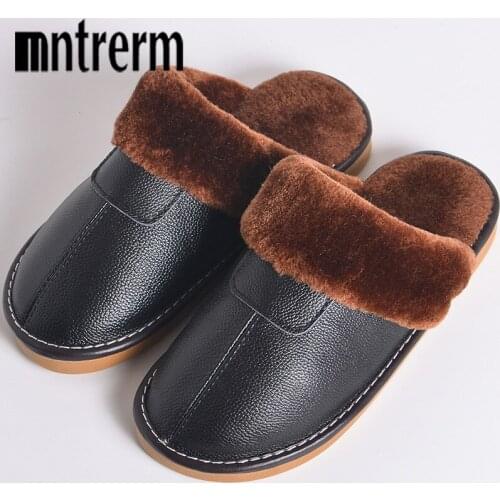 Mntrerm Winter Plush Warm Genuine Leather Slippers Soft Non-slip Indoor outdoor Home Shoes Cowhide Slippers for Men and Women
