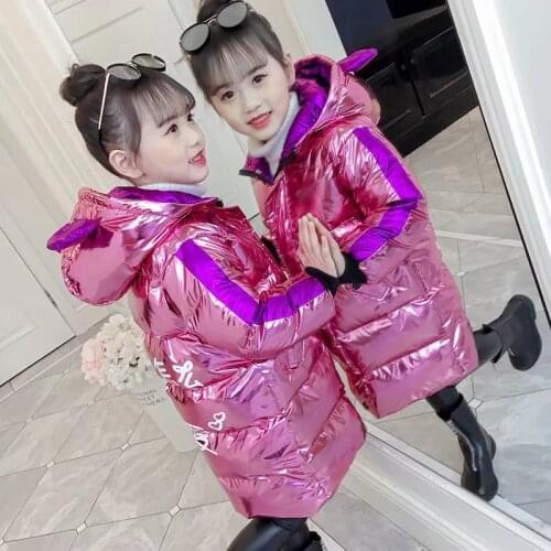 Fashion bright hooded winter new childrens clothing space Sibling outfit down jacket boys and girls baby children thick long
