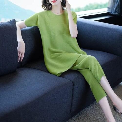 Fashion Pleated Casual 2 Piece Set Women Summer Korean Mid-Length Short Sleeve Pullover Tops + Pencil Pants Suit Mom Loungewear