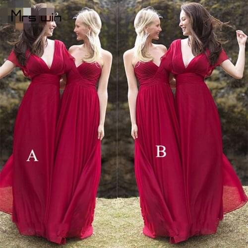 Mrs win Bridesmaid Dresses Chiffon V-neck Long Wedding Guest Dress Elegant HR168 Burgundy Sleeveless Wedding Vestido Madrinha
