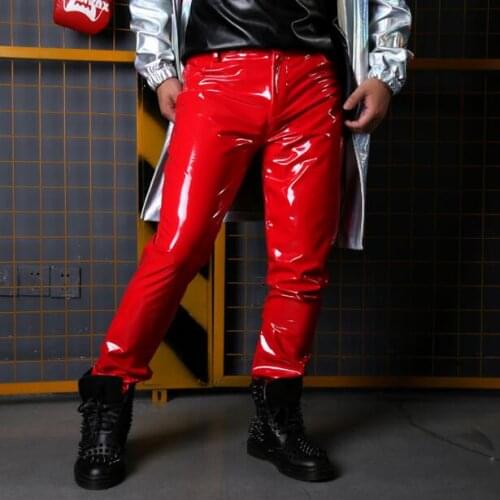 2020 New Fashion Blue Red Patent Leather Stretch Trousers Wild Stage Style Hip Hop Joggers Leather Pants Men Personality Costume