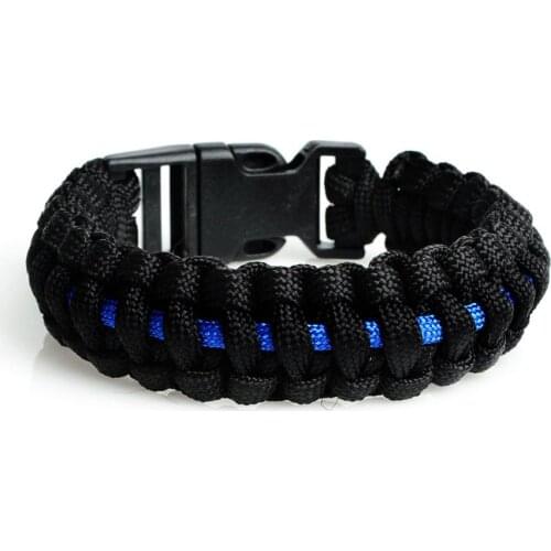 Outdoor Travel Camping Thin Blue Line Black Braided Cobra Weave Plastic Buckle 7 Core Paracord Survival Bracelet Police