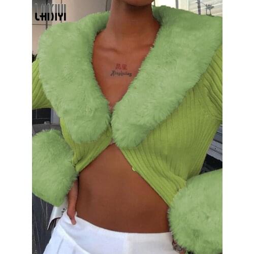 Y2K Sweaters V Neck Outfits Feather Patchwork Knitwear Button Cardigans Womens Streetwear Fashion Club Party Solid Tops