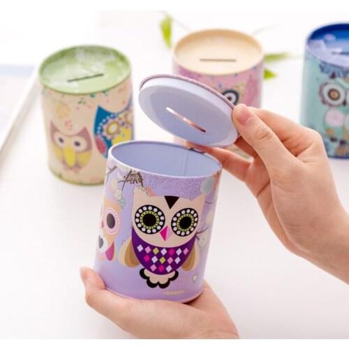 P15D Creative Vintage Tinplate Cylinder Piggy Bank Cartoon Colorful Geometric Owl Patterns Money Saving Box Reward Penholder
