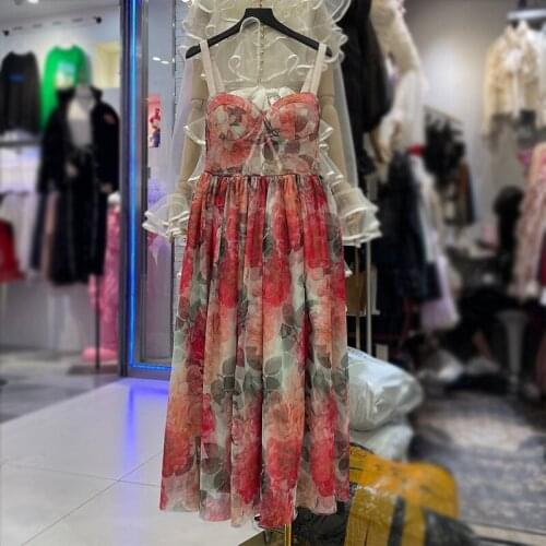 Spaghetti Strap Printed Dress Female Tunic High Waist Mesh Beach Midi Dresses Women 2021 Summer Fashion Sexy vestidos mujer