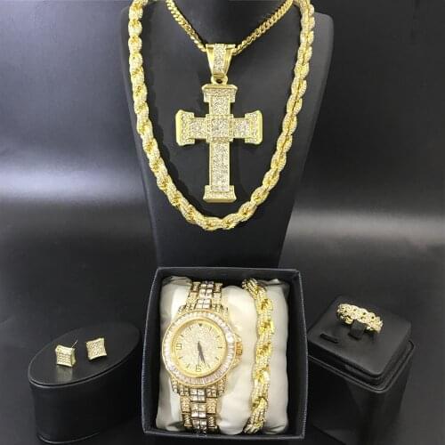 Luxury Men Gold Color Watch & Necklace & Braclete & Ring &Earrings Combo Set Ice Out Cuban Crystal Miami Hip Hop Jewerly For Men