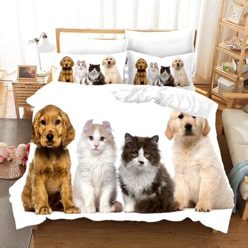 Dog Cats Print Luxury Bedding Set Girls Boys Lovely Pet Animal Duvet Cover Bed Sets King Queen Cute Bedclothes