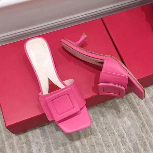 Buckle Decor Slides Women Kitten Heels Open Toe Genuine Leather Mules Women Fashion Luxury Brand New Designer Chic Woman Shoe