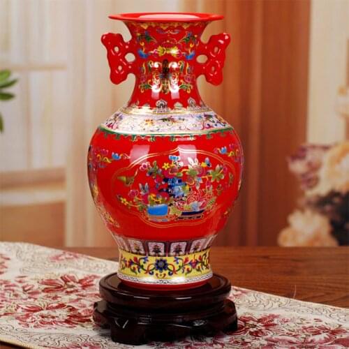 Home decoration Jingdezhen porcelain double ear vase enamel color classical vase home decoration living room handicraft ornament