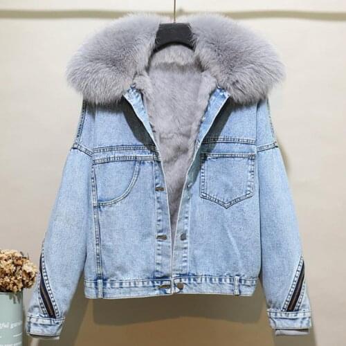 2021 new winter real fox big fur collar denim jacket women zipper irregular fashion plus velvet warm Parkas Jean coat outerwear
