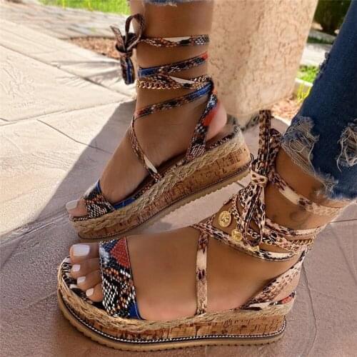 Wedges Heels Fashion 2020 Big Size 43 Wholesale Shoelaces Snake Printed Summer INS Hot Shoes Women Sandals