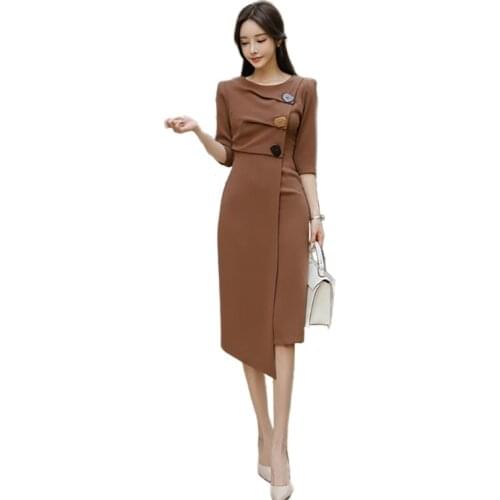 Irregular dress one piece korean ladies Brown O Neck retro Long Sleeve Sexy Office party Midi Dresses for women clothing