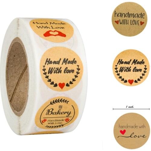 100-500pcs Handmade With Love Kraft Paper Stickers 25mm Round Adhesive Labels Baking wedding decoration party decoration Sticker